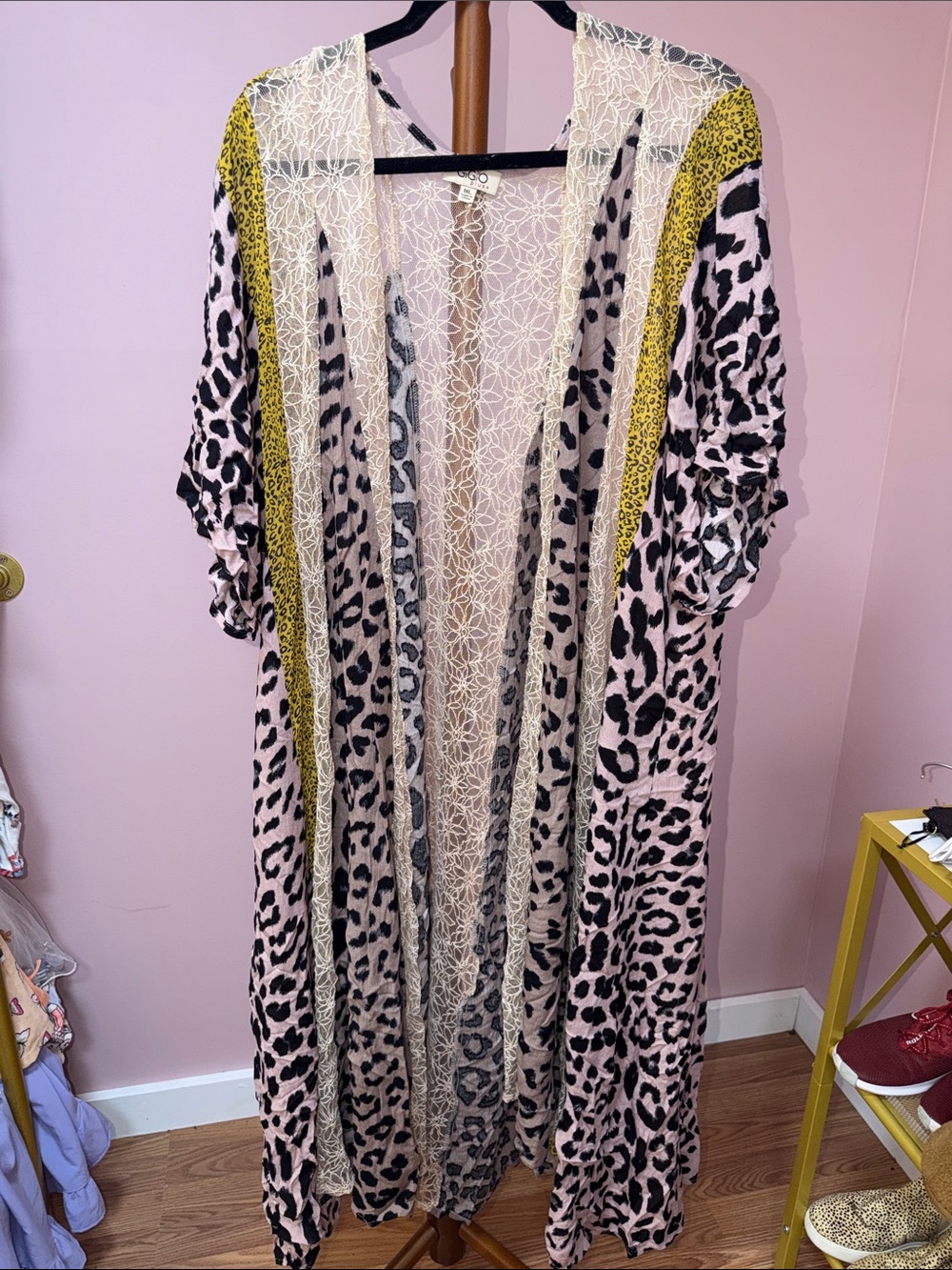 Pink Leopard Print Open-Front Kimono with Yellow Trim